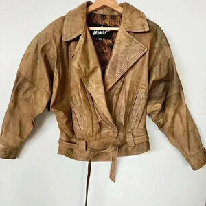 Winlit Leather Belted VTG Jacket with Shoulder Pads